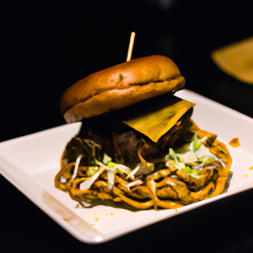 A unique ramen burger with noodle bun and beef patty