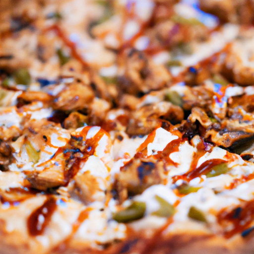 A tempting BBQ chicken pizza featuring tangy BBQ sauce, tender chicken pieces, and colorful toppings on a crispy crust.